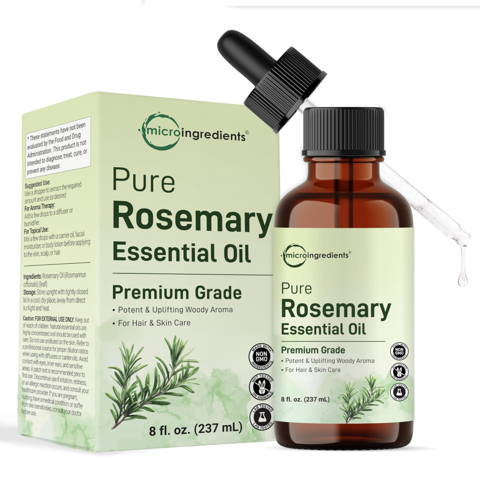 Micro Ingredients Rosemary Essential Oil For Hair, Scalp & Skin, 8 Fl Oz - 100% Pure & Natural With Dropper | Aromatherapy, Diffuser, Soap, Candle & M