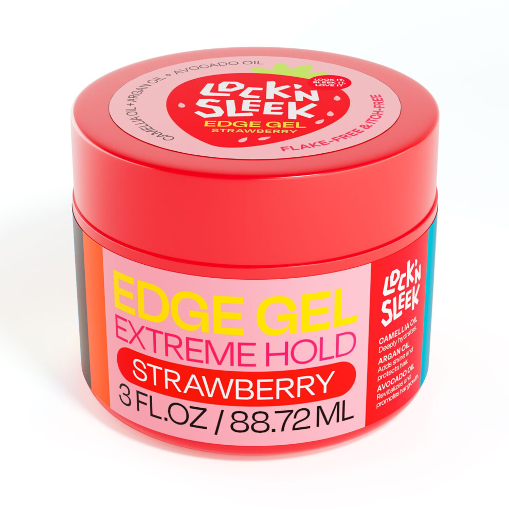 Lock'n Sleek Edge Gel, Extreme Hold Edge Control Braiding Gel, Flake Free, Tames Frizz, Itch Free And Smooth Edge, 3 Oz (Strawberry)