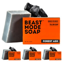 Beast Mode Tvål för Män, Forest Ash, 4-Pack - Aktiverat Kol & Eukalyptus, Gräsfodrad Tallow, Handgjord