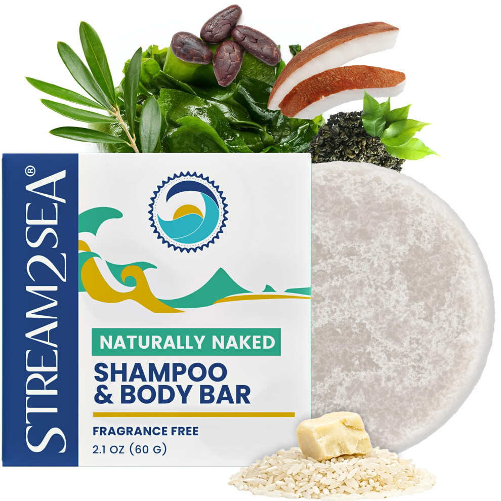Stream 2 Sea Naturally Naked Shampoo & Body Bar - Fragrance Free Biodegradable Shampoo Bar For Sensitive Skin & Scalp - Reef Safer, Sulfate Free, Vega