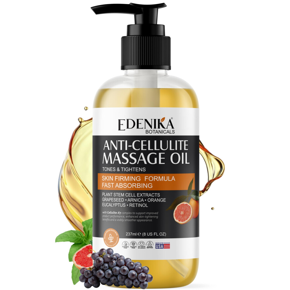 Edenika Botanicals Firming Anti Cellulite Massage Oil, Grapeseed Oil, Caffeine, Plant Stem Cells & Retinol, Supports Tighter, Smoother-Looking Skin On