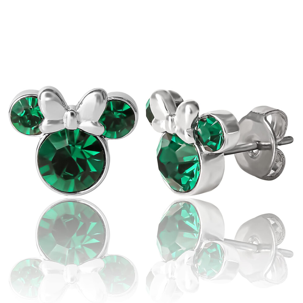 Disney Minnie Mouse May Birthstone Stud Earrings For Women Official License, Faux Emerald Earrings Birthstone (May-Emerald Crystal)