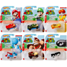 Hot Wheels Super Mario Character Cars - Complete Bundle of 6 (GJJ23-956G) | Includes Mario, Luigi, Princess Daisy, Blue Yoshi, Donkey Kong & Bullet Bi