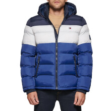 Chaqueta acolchada con capucha Tommy Hilfiger para hombre, Medianoche/Hielo/Azul Real, Pequeña