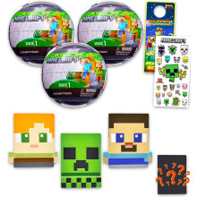 Minecraft Blind Ball Party Favors - Bundle with 3 Mash'Ems Blind Box Mini Figures Plus Stickers, More | Minecraft Mystery Figurines for Kids, Boys, Gi