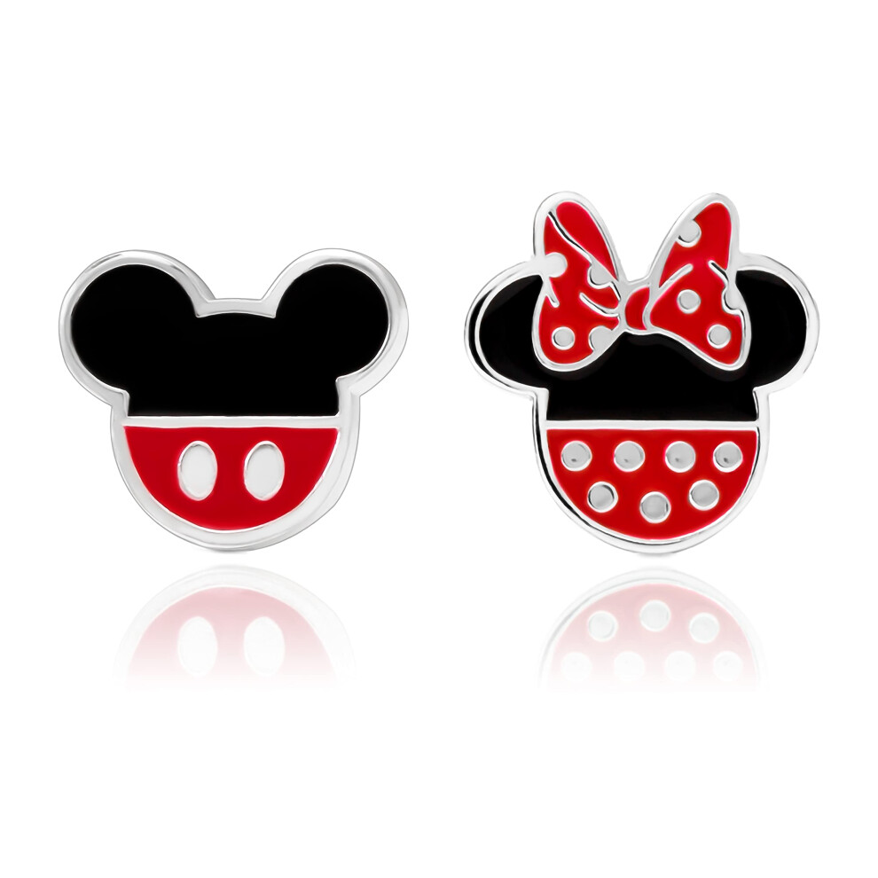 Disney Mismatched Mickey And Minnie Mouse Earrings For Official License, -Plated Minnie And Mickey Stud Earrings Silver
