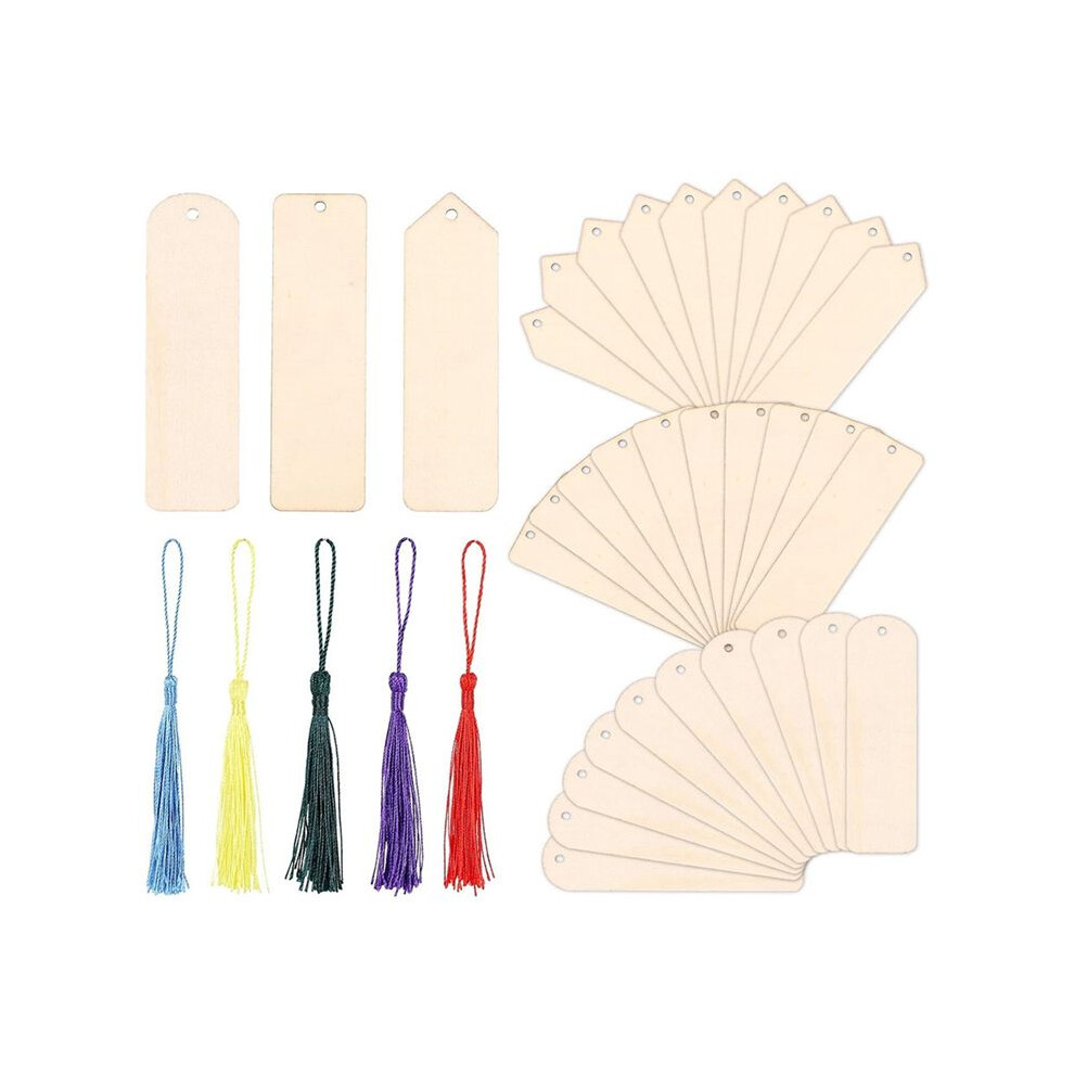 Semoic 30Pcs Wood Bookmarks Blank Diy Wooden Bookmark Unfinished Wood Tags Semicircle Triangle Bookmark Tassels