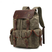 Echte Leren Canvas Waxed Rugzak Reis Laptop Tas Army Groen