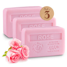 Rose Seifenstücke 3xPack - Mit Bio Sheabutter - 97% Natürliche Inhaltsstoffe - Französische Milled Seife aus Provence