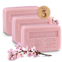 Kirschblüten-Seifen 3er-Pack - Mit Bio-Sheabutter angereichert - 97% natürliche Inhaltsstoffe - Traditionelle französische Seife