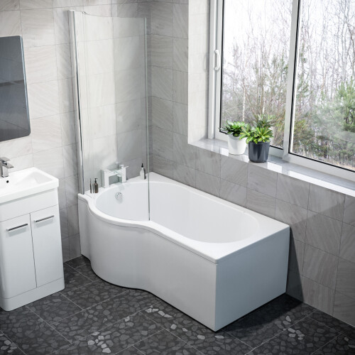 NES Home P Shaped LH 1500mm Curved Shower Bath Acrylic Front Panel & Screen 2