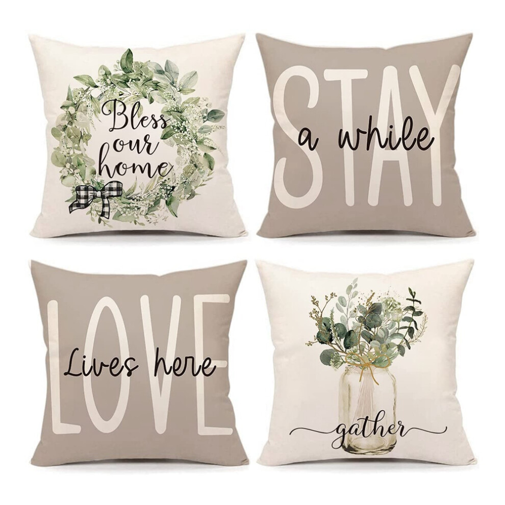 Semoic Spring Pillow Covers 18X18 Set Of 4 Farmhouse Throw Pillows Spring Decorations Plaid Pillowcase For Home Couch