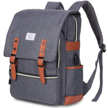 Modoker Vintage Laptop Ryggsäck för Damer och Herrar, USB Laddningsport, Passar 15.6 Tum Laptop, Grå