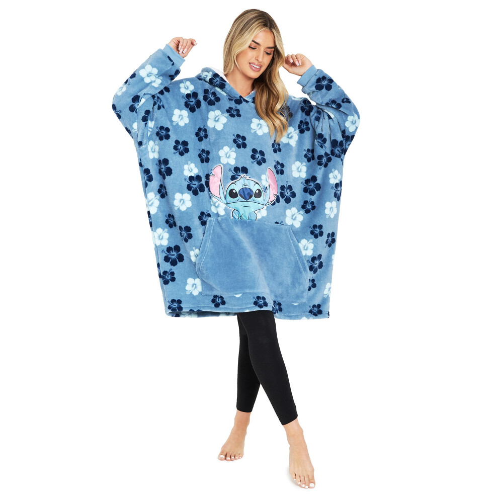 Disney Stitch Eeyore Oversized Wearable Blanket Hoodie Women Sherpa Fleece Warm Hooded Blanket Gifts For Her (Blue Tropical)