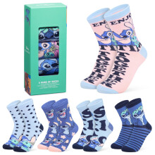 Disney Stitch Socks Gifts for Women Teens, US Size 4-9, Pack of 5 Fuzzy Casual Crew Socks for Home Sleep Winter (4/9 US, Blue/Peach Stitch)