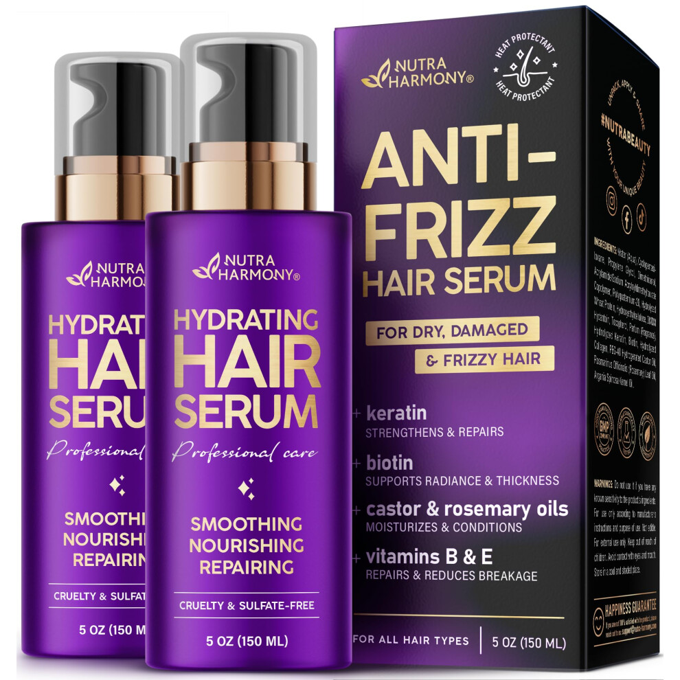 Nutraharmony Hydrating Hair Serum For Dry & Frizzy Hair, Lightweight Leave-In Anti-Frizz Treatment, Non-Greasy Split Ends Repair With Keratin, Biotin, Castor & Ros