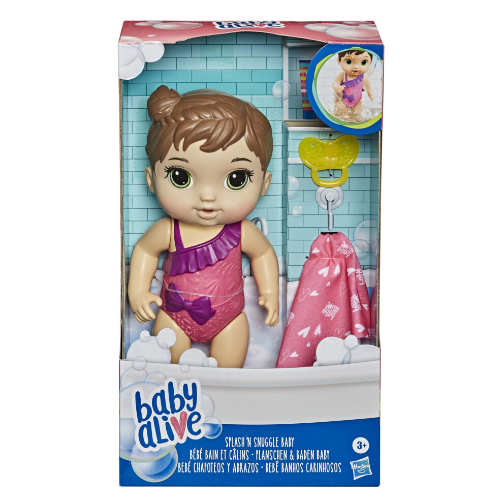 Baby Alive Splash'n Snuggle Baby Brown Hair Doll For Water Play, With Accessories