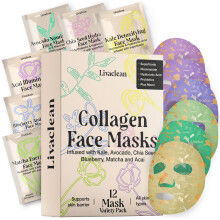 LivaClean 12 CT Mascarillas Faciales - Mascarilla de Colágeno Hidratante - Bulk con Glicerina, Ácido Hialurónico, Aloe Vera