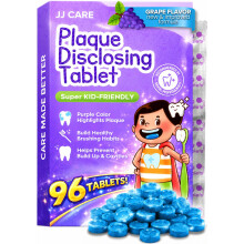 JJ Care Disclosing Tablets för Barn - 96 Stycken, Individuellt Inslagna Placktabletter för Barn Tandskötsel, Smak av Druva