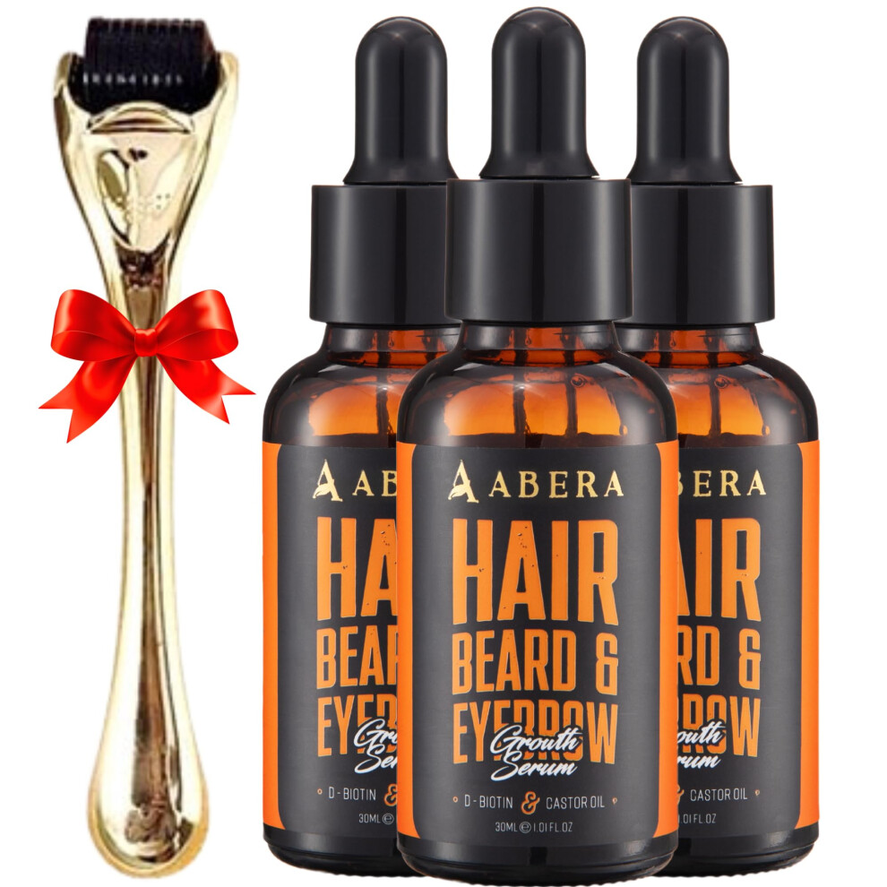 Abera Hair Growth Serum - Natural Regrowth Treatment For Hair & Beard With Biotin & Castor Oil, Economy Combo (3 Serums + Gift)