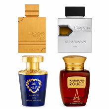 Set de Descubrimiento de Fragancias Al Haramain para Hombres y Mujeres - 4x10ml, (Amber Oud Gold, L'aventure, Azlan Oud Amber, Blanche)