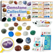 PIBEX Gemstone Collection - 16 PCS Polished Gems & Crystals (1-Inch / 2-3 cm), STEM Geology Kit with Guidebook, 54 ID Cards & Transparent Display Case