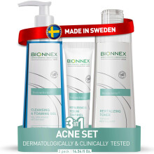 Rutina Completa para el Acné Bionnex, 3 Pasos Diarios con Limpiador Espumoso, Tónico Revitalizante y Crema Control Sebo