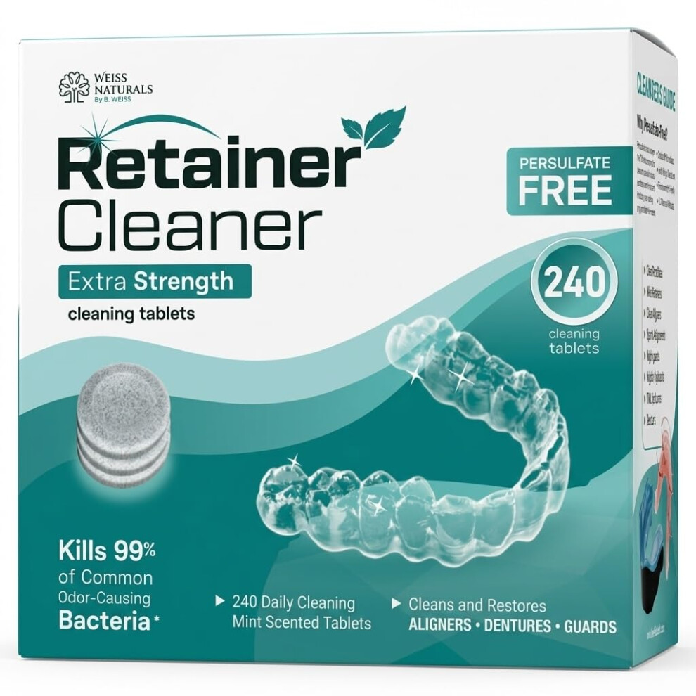 B. Weiss Weiss Naturals Retainer Cleaner Tablets, Remove Stains, Odors & Plaque, Persulfate Free Night Guard & Denture Cleaner 8-Month Supply, 240 Mint Scented
