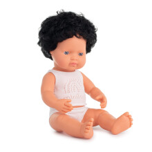 Miniland Bambola 15'' Caucasica Ragazzo Capelli Neri Ricci (Scatola) - Made in Spain, Anatomica