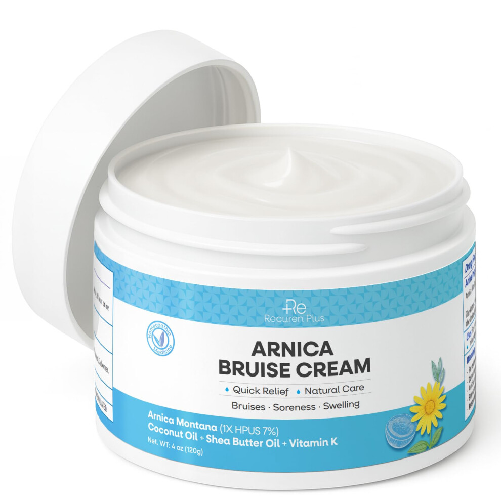 Recuren Plus Arnica Bruise Cream Extra Strength: Rapid Relief For Bruising Swelling Soreness Pain On Thin Skin - Potent Arnica Montana With Vitamin K
