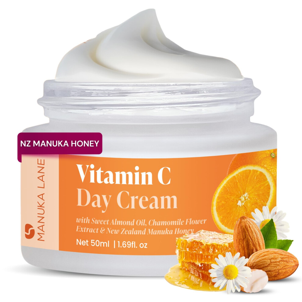 Manuka Lane Cream Vitamin C Day For Face And Neck With Chamomile Flower Extract, Manuka Honey & Sweet Almond Oil | Plant Based Formula | Carefully Formulated To K