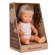 Miniland Bambola 15'' Bambino Caucasico Biondo con Sindrome di Down (Scatola) - Made in Spain