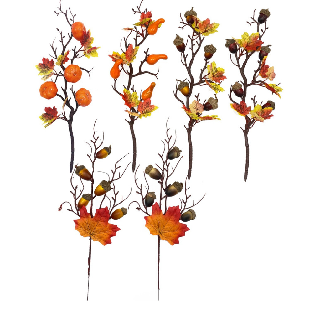 Semoic 6Pcs Simulation Maple Leaf Pumpkin Oak Fruit Cuttings Artificial Pumpkin Branch Thanksgiving Harvest Home Decoration