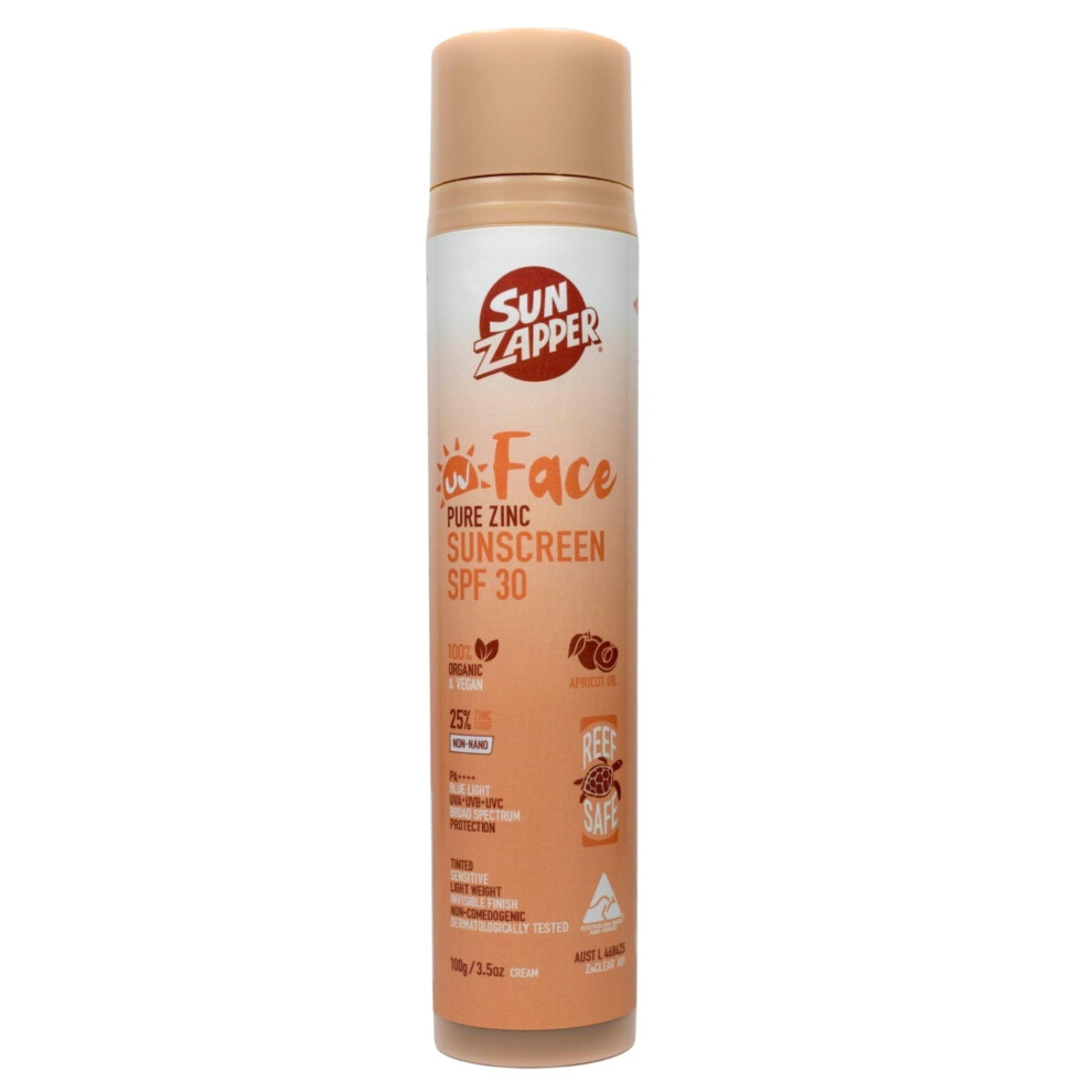 Sun Zapper Face Pure Zinc Sunscreen Spf 30 Tinted - Organic Mineral Sunscreen, 25% Non-Nano Zinc Oxide, Lightweight Invisible Finish, Reef Safe, Vegan