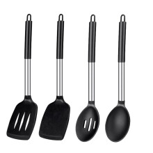 4 St Silikonmatlagningssked med Slitsad Sked Turner-Spatel, Handtag i Rostfritt StåL, för Nonstick-KokkäRl, Svart och Silver