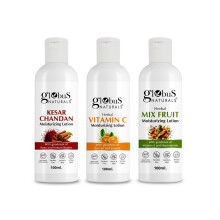 Globus Naturals Body Lotion Set 3, Kesar Chandan, Vitamin C & Mix Fruit Lotion För Lättviktig Fuktkräm