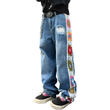 Herren Jeans Wide Leg Zerrissen Bestickt Y2K Dunkelblau S — blaue jeans y2k, herren jeans, weite hosen loose fit, rissige jeans mit stickerei