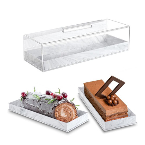 2X Rectangular Serving Tray with Lid Marbleized Grain Rectangular Cake Stand Acrylic Cake Holder 2