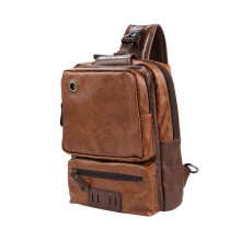 OUTLEYNY Herr Slingväska, Crossbody PU Läder Axelryggsäck med USB Laddningsport, Vintage Bröstväska för Män (Brun)