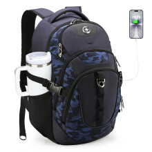 Swissdigital Design Laptopryggsäck med USB-laddningsport, 31L, passar 15.6 tum datorer, Blå Kamouflage