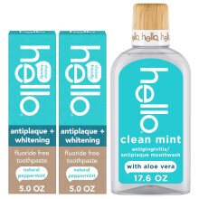 Hello Antiplack och Whitening Fluoridfri Tandkräm (2 Pack, 5 Oz Rör) och Rent Mint Alkoholfri Munskölj (17.6 Fl Oz Flaska)
