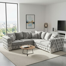 (Silver, 5 Seater Corner) Plush Velvet Sofa 2 Seater & 3 Seater Sofa Couches Ashton Scatter Back 5 Seater Corner