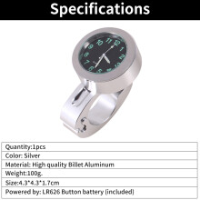 Silver Motorcycle Handlebar Glow Waterproof Clock