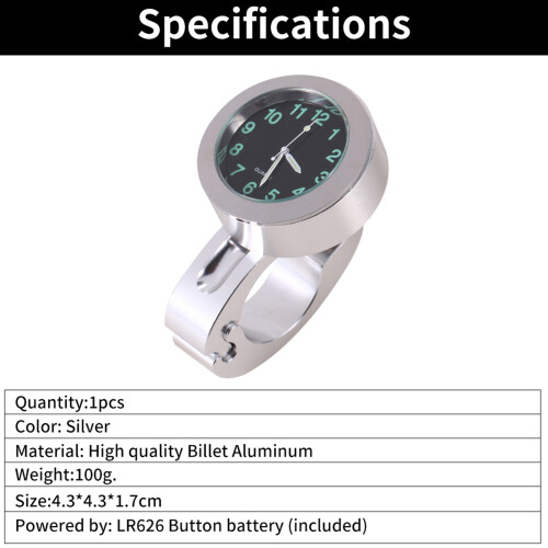 Silver Motorcycle Handlebar Glow Waterproof Clock