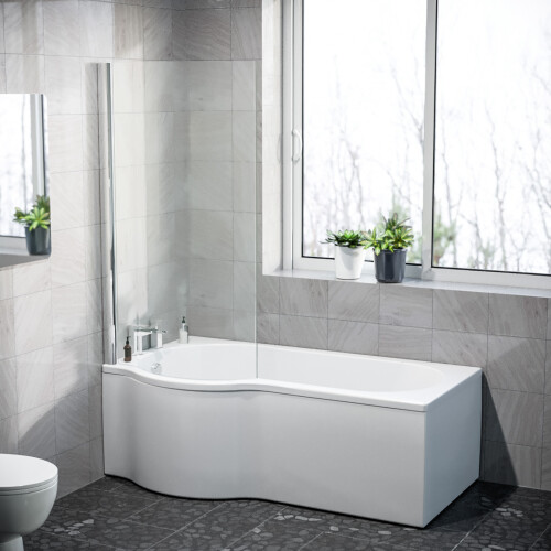 NES Home Nes Home P Shaped LH 1600mm Curved Shower Bath Acrylic Front Panel & Screen