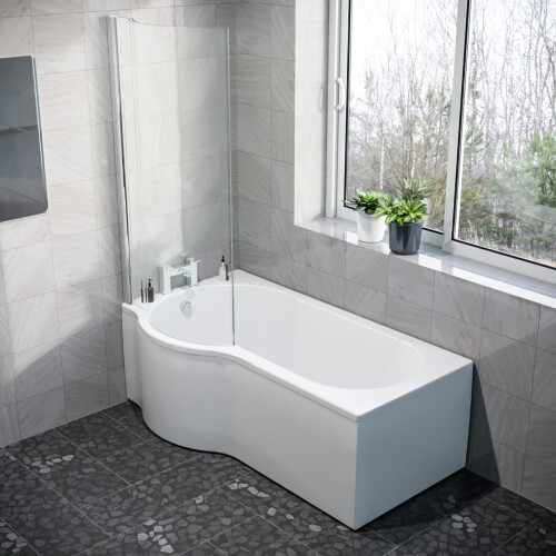NES Home Nes Home P Shaped LH 1600mm Curved Shower Bath Acrylic Front Panel & Screen 1