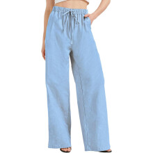 Damen Sommerhose Lang Breites Bein Baumwolle Leinen Blau M — leinenhosen damen, weite hosenbeine, hohe taille, bequemer tunnelzug, blaue hosen