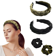 Set Haar-Accessoires 2x Haarreifen Samt 2x Haargummis Schwarz und Grün — haarschmuck set, samtohren stirnbänder, scrunchie haarbänder