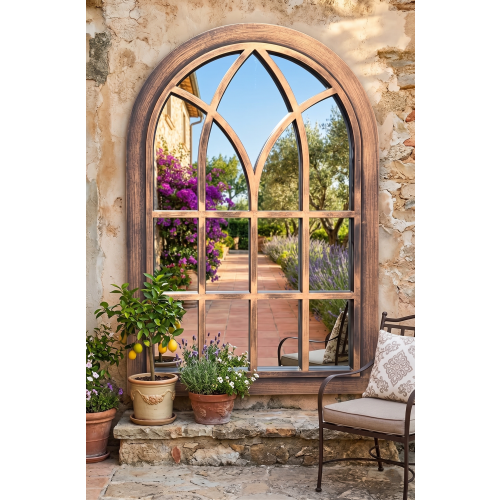 Arched Top Window Mirror Black Brush Gold 92x62Cm 1