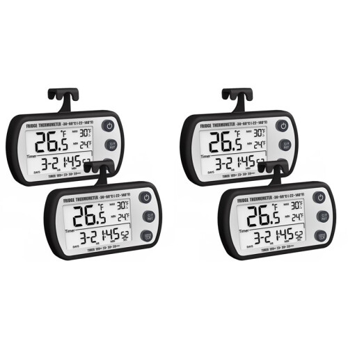 Digital Refrigerator Thermometer 4 Pack,Waterproof Fridge Thermometer, Max/Min Record Function,Timer Function Black